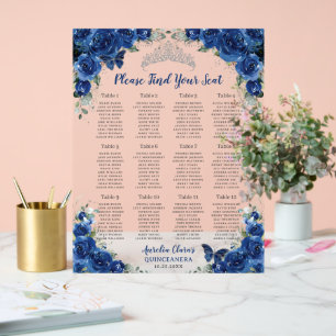 Quinceañera Royal Blue Floral Silver Seekarte Acrylschild