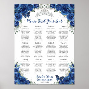 Quinceañera Royal Blue Floral Silver Seekarte Poster