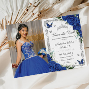 Quinceañera Royal Blue Floral Vintag Silver Foto Save The Date