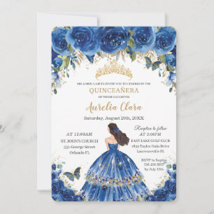 Quinceañera Royal Blue Flowers Butterfliegen Tiara Einladung