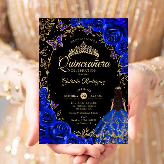 Quinceanera Royal Blue Gold Black Einladung (Von Creator hochgeladen)