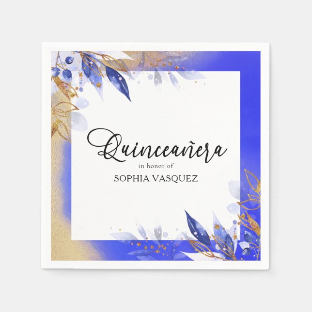 Quinceanera Royal Blue Gold Botanica Personalisier Serviette (Vorderseite)