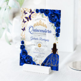 Quinceanera Royal Blue Gold Floral Acryleinladungen