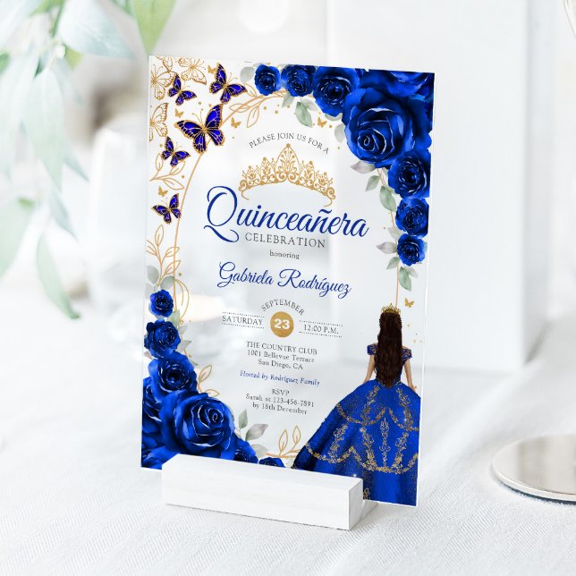 Quinceanera Royal Blue Gold Floral Acryleinladungen (Von Creator hochgeladen)