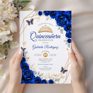 Quinceanera Royal Blue Gold Floral Einladung