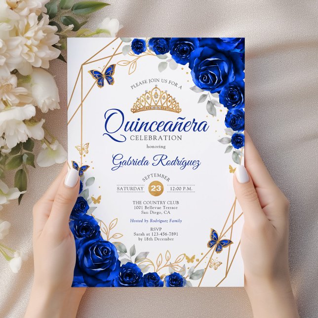 Quinceanera Royal Blue Gold Floral Einladung (Von Creator hochgeladen)