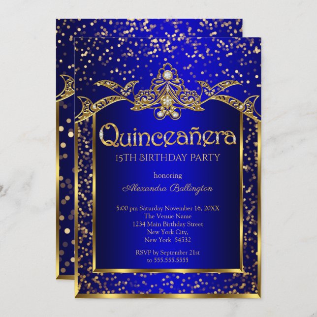 Quinceanera Royal Blue Gold Geburtstagsfeier Einladung (Vorne/Hinten)