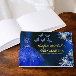 Quinceañera Royal Blue Gold Princess Butterfliegen Gästebuch