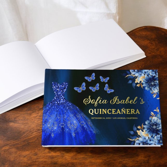 Quinceañera Royal Blue Gold Princess Butterfliegen Gästebuch (Von Creator hochgeladen)