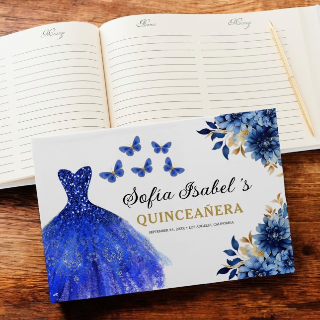 Quinceañera Royal Blue Gold Princess Butterfliegen Gästebuch (Von Creator hochgeladen)