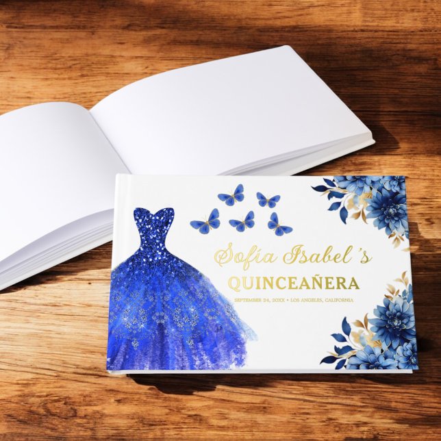 Quinceañera Royal Blue Gold Princess Butterfliegen Gästebuch (Von Creator hochgeladen)