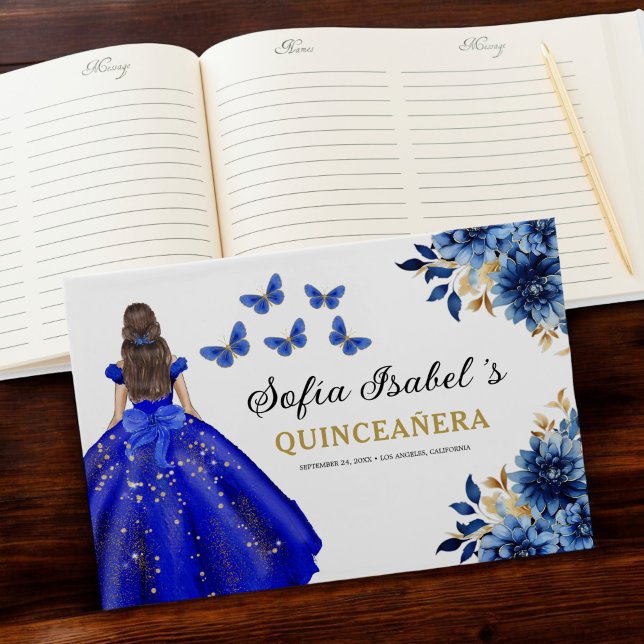 Quinceañera Royal Blue Gold Princess Butterfliegen Gästebuch (Von Creator hochgeladen)