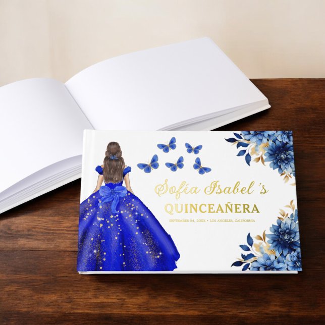 Quinceañera Royal Blue Gold Princess Butterfliegen Gästebuch (Von Creator hochgeladen)
