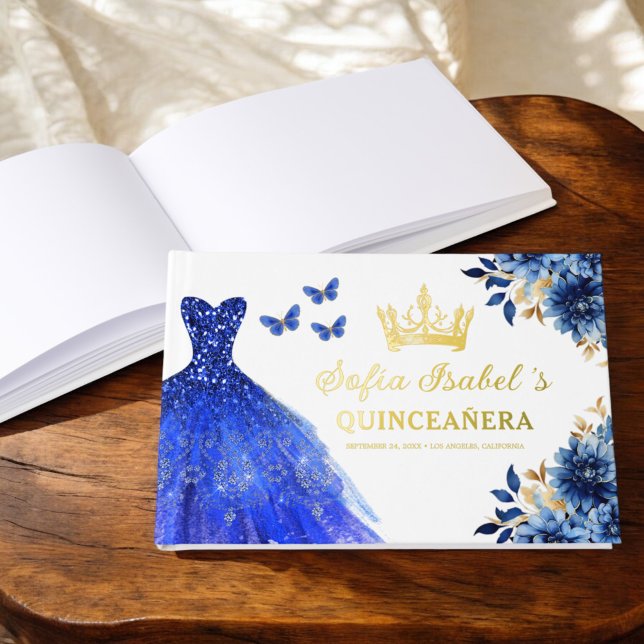 Quinceañera Royal Blue Gold Princess Butterfliegen Gästebuch (Von Creator hochgeladen)