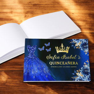 Quinceañera Royal Blue Gold Princess Butterfliegen Gästebuch