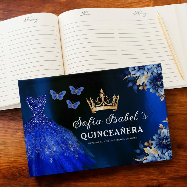 Quinceañera Royal Blue Gold Princess Butterfliegen Gästebuch (Von Creator hochgeladen)