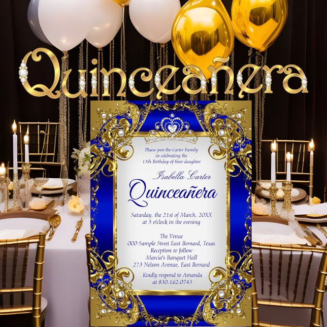 Quinceanera Royal Blue Golden Pearl Tiara Party Einladung (Von Creator hochgeladen)