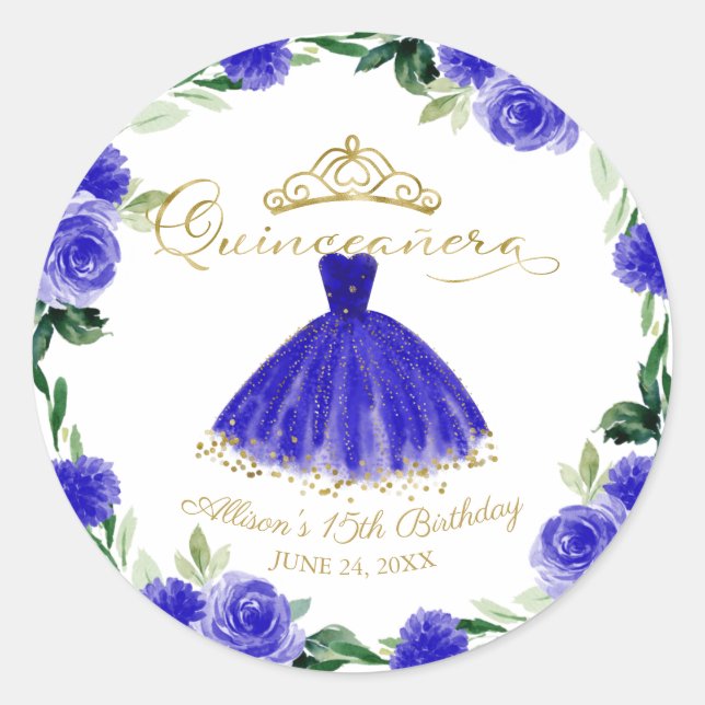 Quinceanera Royal Blue Gown Floral Runder Aufkleber (Vorderseite)