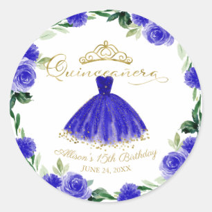 Quinceanera Royal Blue Gown Floral Runder Aufkleber