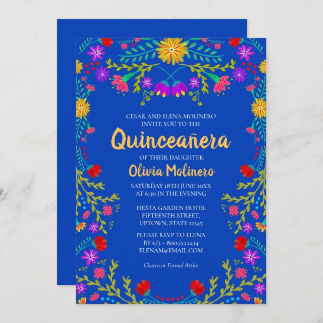 Quinceanera Royal Blue Mexiko Blume Geburtstag Einladung (Vorne/Hinten)