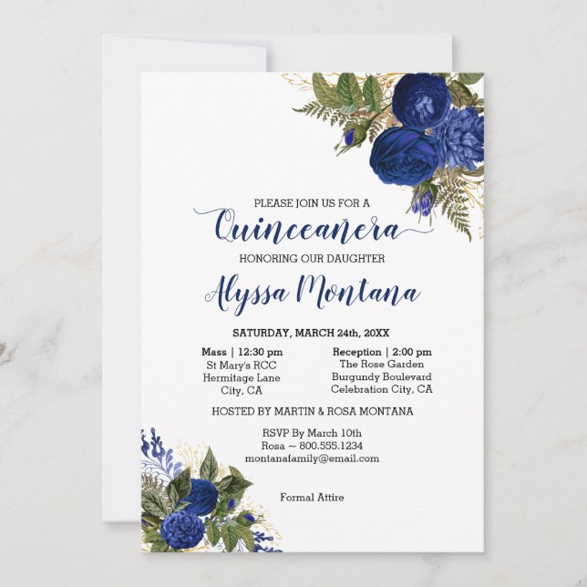 Quinceanera Royal Blue Rose Mass & Empfang Einladung (Vorderseite)