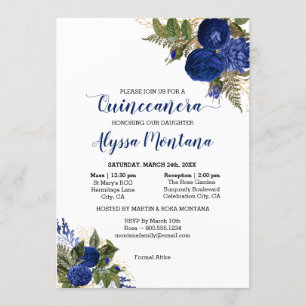 Quinceanera Royal Blue Rose Mass & Empfang Einladung