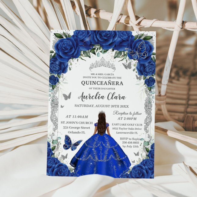 Quinceañera Royal Blue Rose Vintages Silber Einladung (Von Creator hochgeladen)