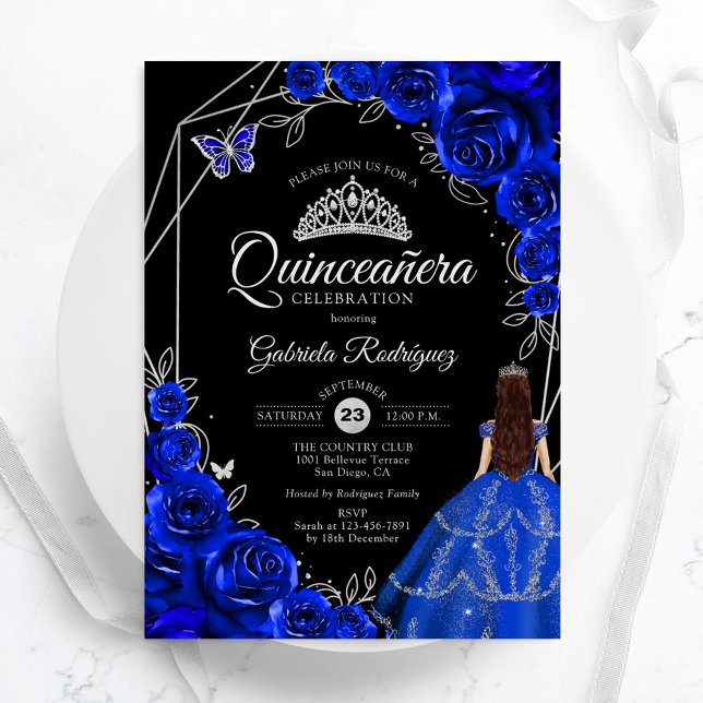 Quinceanera Royal Blue Silver Dress Floral Einladung (Von Creator hochgeladen)