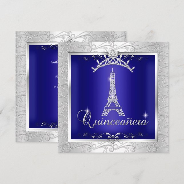 Quinceanera Royal Blue Silver Tiara Eiffel Tower Einladung (Vorne/Hinten)