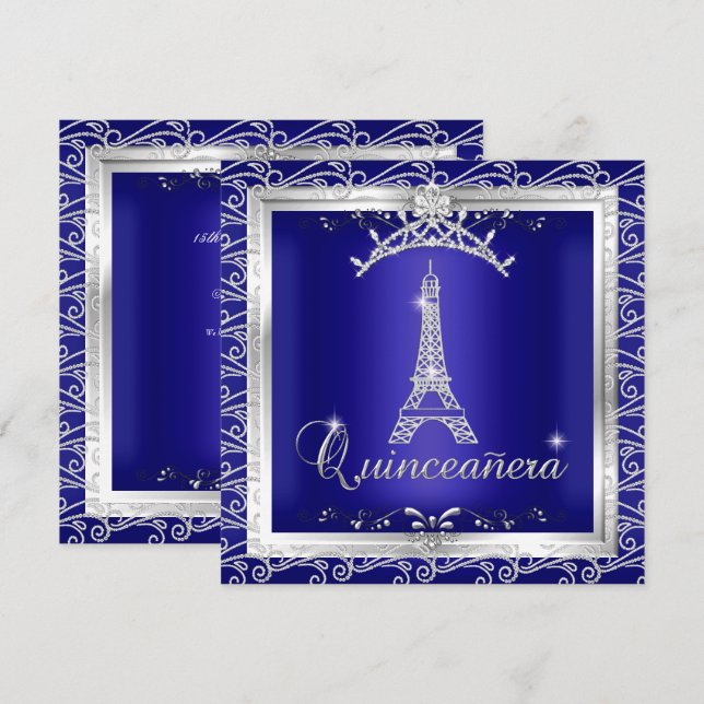 Quinceanera Royal Blue Silver Tiara Eiffelturm 2 Einladung (Vorne/Hinten)