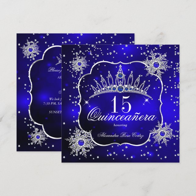Quinceanera Royal Blue Snowflake Tiara 15. Party Einladung (Vorne/Hinten)