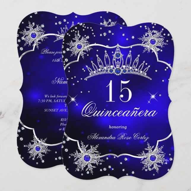 Quinceanera Royal Blue Snowflake Tiara 15. Party Einladung (Vorne/Hinten)