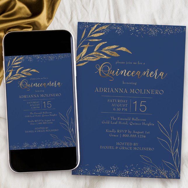 Quinceanera Royal Blue und Gold Leaf Elegant Einladung (Modern Quinceanera invitation in blue from my Gold Leaf Collection
)