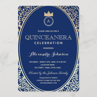 Quinceanera Royal Blue und Gold Princess Monogram Einladung
