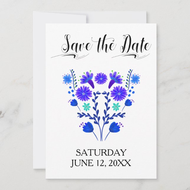 Quinceanera Royal Blue und Lila mexikanische Blüte Save The Date (Vorderseite)