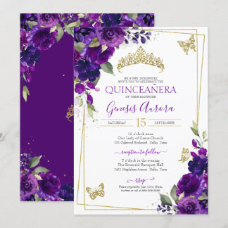 Quinceañera Royal Lila Floral Butterfly Einladung