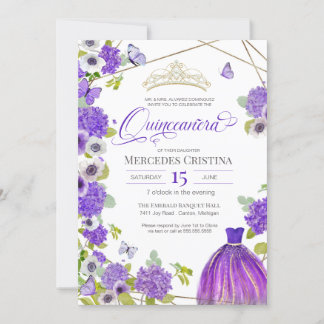 Quinceañera Royal Lila Garden Schmetterling Tiara Einladung