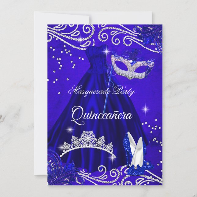 Quinceanera Royal Masquerade Blue Dress Heelse Einladung (Vorderseite)