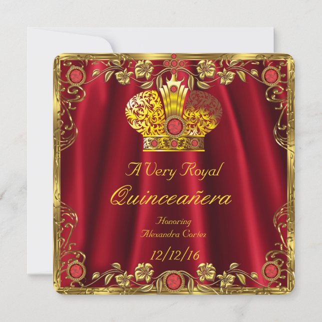 Quinceanera Royal Red Gem Gold Princess Crown 3 Einladung (Vorderseite)