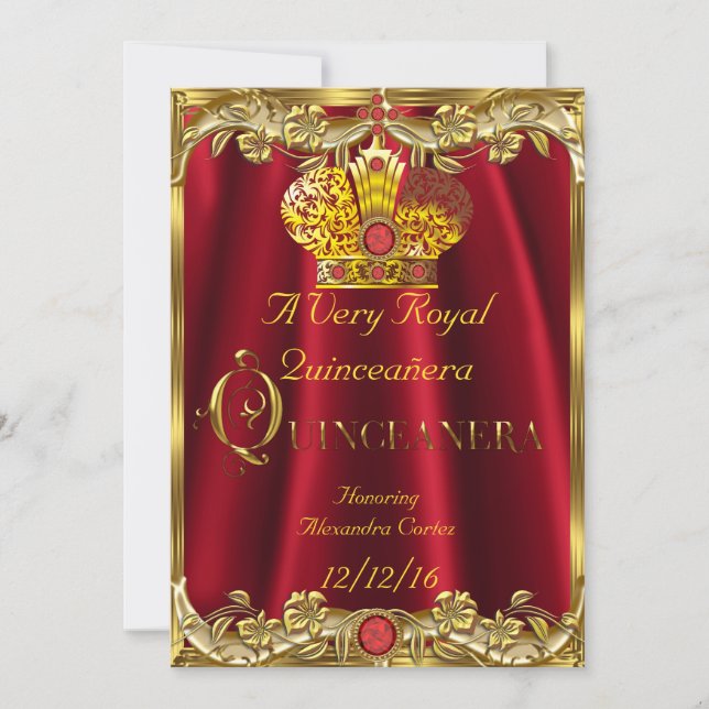Quinceanera Royal Red Gem Gold Princess Crown Einladung (Vorderseite)
