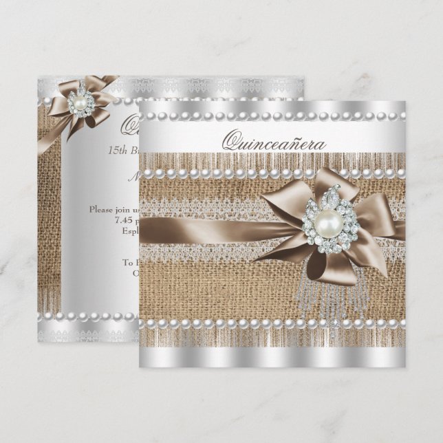 Quinceanera Rustic Burlap Pearl Lace Pearl Einladung (Vorne/Hinten)