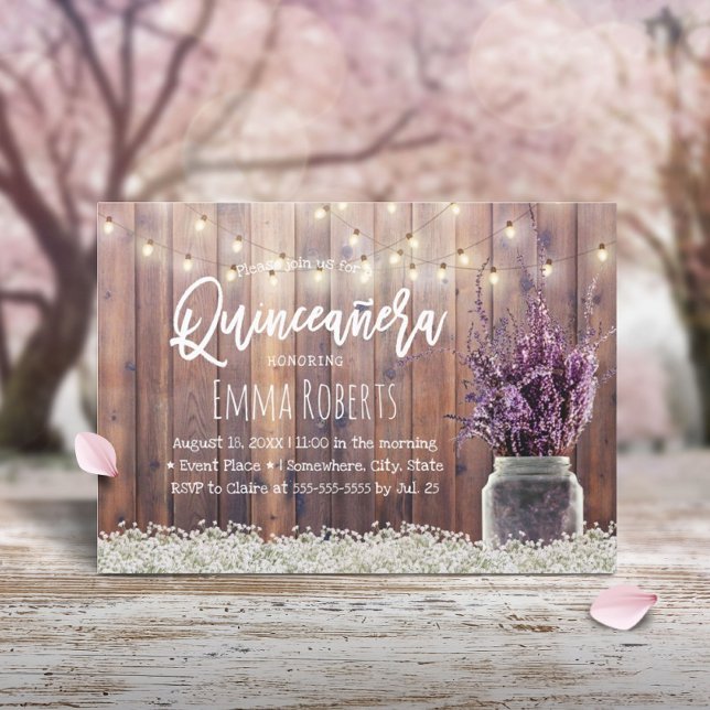 Quinceanera Rustic Lavendel Floral String Lights Einladung (Von Creator hochgeladen)