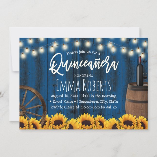 Quinceanera Rustic Sonnenblumen Barrel Navy Blue Einladung (Vorderseite)