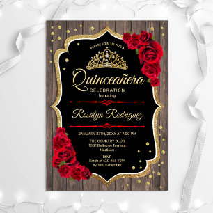 Quinceanera - Rustikales Holz Gold Red Einladung