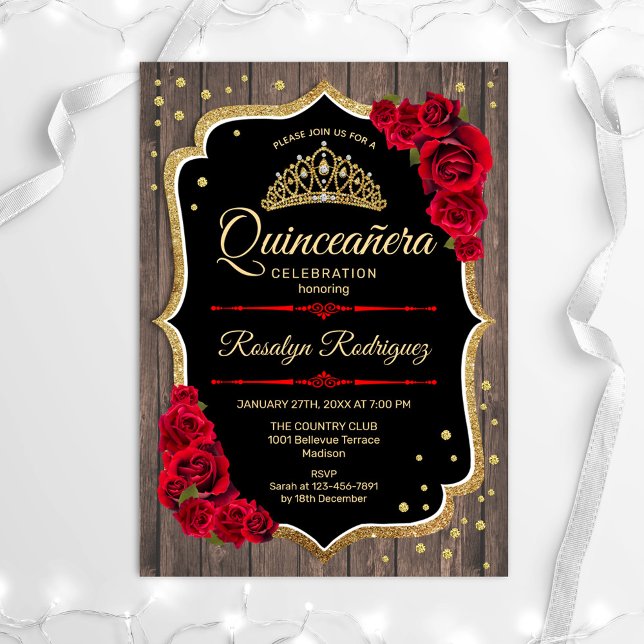 Quinceanera - Rustikales Holz Gold Red Einladung (Von Creator hochgeladen)