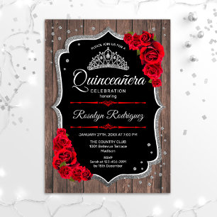 Quinceanera - Rustikales Holz silber rot Einladung
