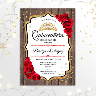 Quinceanera - Rustikales Holz Weißes Rotes Gold Einladung