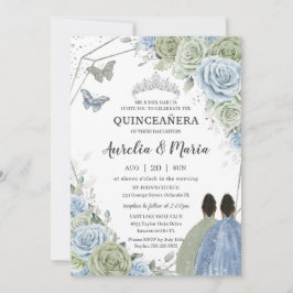 Quinceañera Sage Green Blue Floral Twins Silver Einladung
