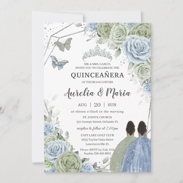 Quinceañera Sage Green Blue Floral Twins Silver Einladung (Vorderseite)