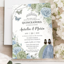 Quinceañera Sage Green Blue Floral Twins Silver Einladung